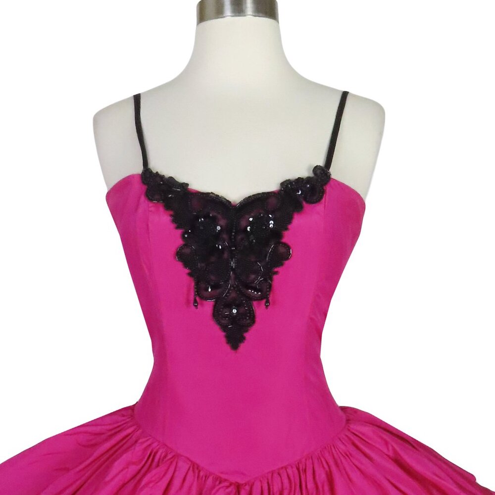 Vintage 80s Pink Black Beaded Tiered Full Skirt Prom Cocktail Party Dress S M - Picture 12 of 14